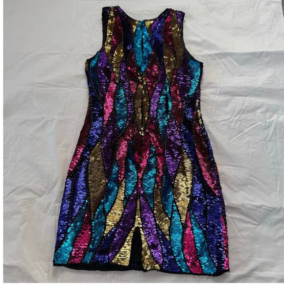 Vintage 1980s Sean Silk Sequined Cocktail Party Dress Size Small Pink Gold Blue - Picture 5 of 12